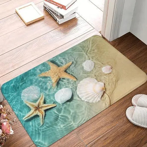 Square flannel floor mat in a coastal starfish print, available in multiple sizes.