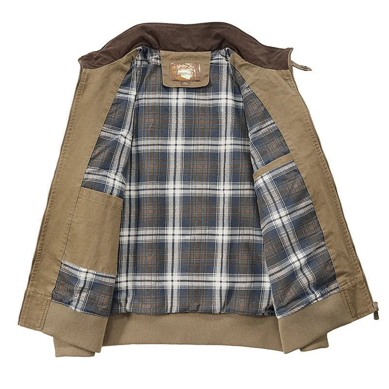 Men's plus size washed cotton baseball flight jacket in camel colour