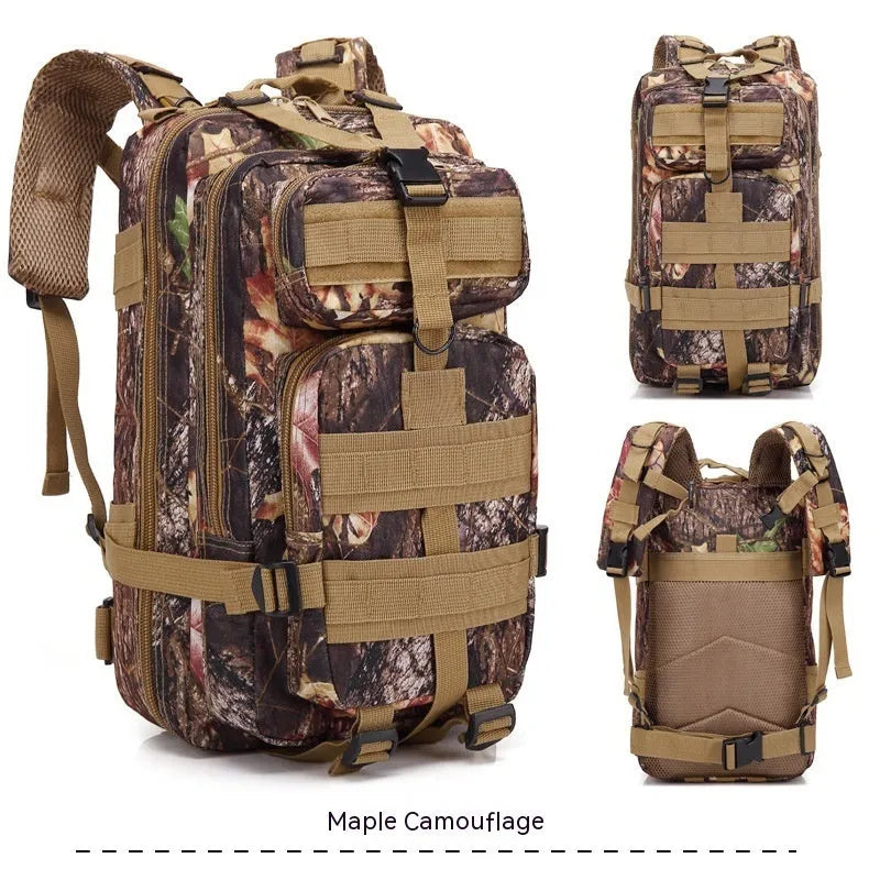 Large khaki coloured off-road hiking backpack with adjustable straps and multiple compartments.