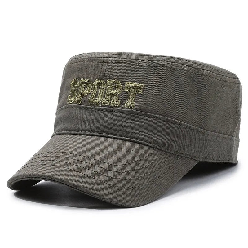 Men's flat-top cotton peaked cap in army green colour with adjustable strap.