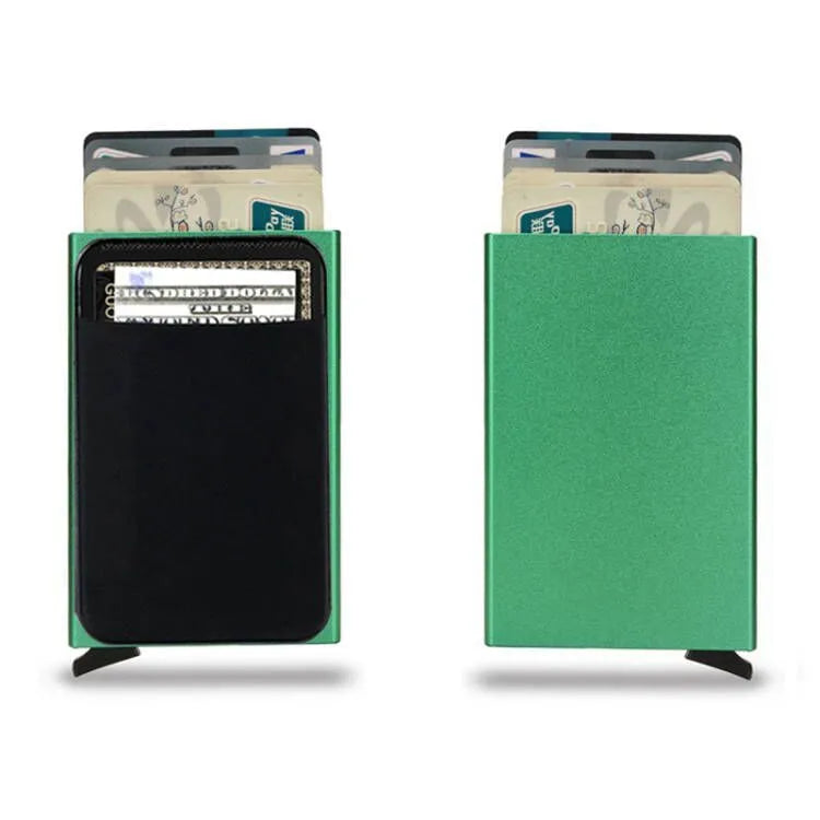 Frosted metal credit card holder in aluminium alloy showing slim profile and colour options