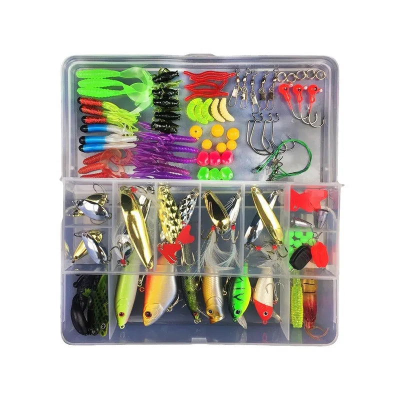Junior fishing lure suit with PP storage box containing soft plastic baits in 28 to 106 piece size options