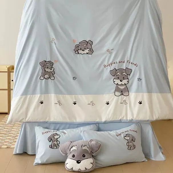 Cartoon Schnauzer children's bedding set with thickened cotton material and embroidery details