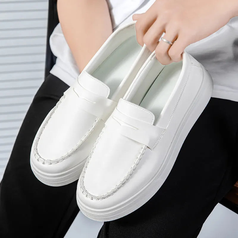 Men's British style casual leather shoes with round toe and slip-on design in artificial PU material