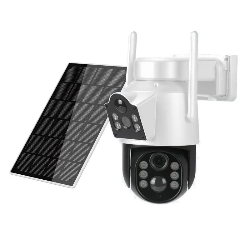 Outdoor solar-powered wireless Wi-Fi security camera with solar panel in black and white or all-white finish