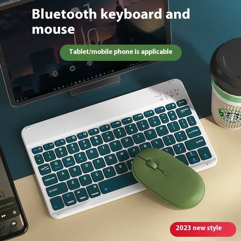 Bluetooth keyboard and rechargeable mouse set in elegant white, green, or pink for tablet and PC use