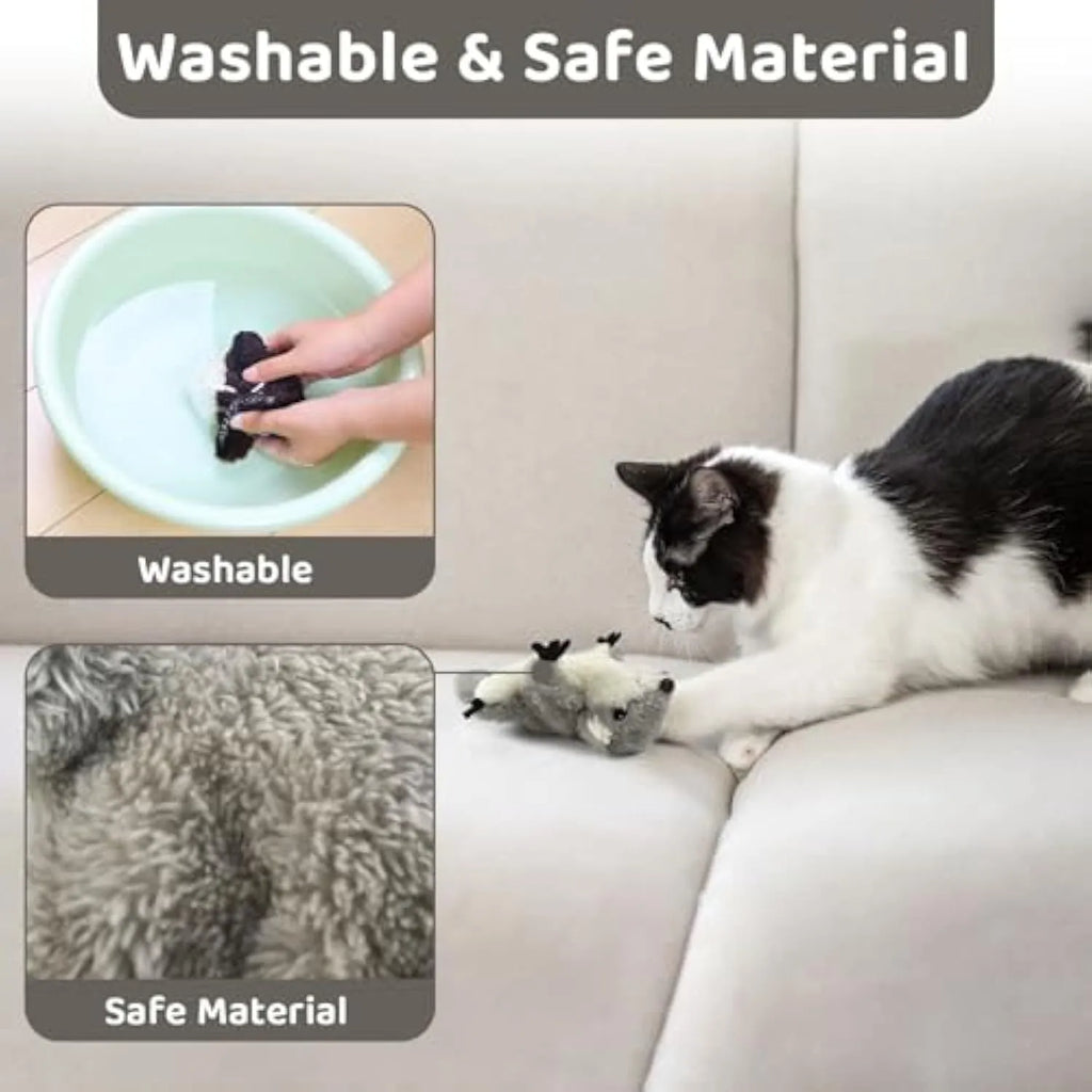Grey flapping squirrel cat toy with USB charging cable on neutral background