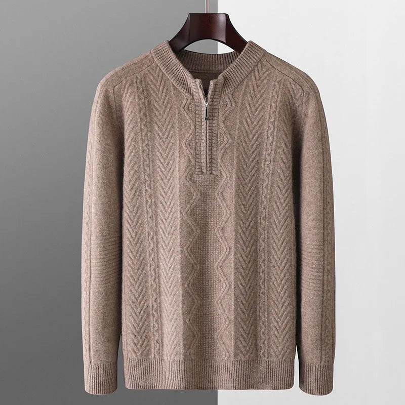 Men's pure wool half-zip sweater with diamond lattice pattern in milky white colour showing front view