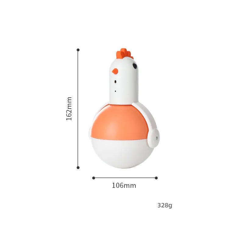 Green or orange electric chicken-shaped cat toy with laser and sound features on a flat surface.