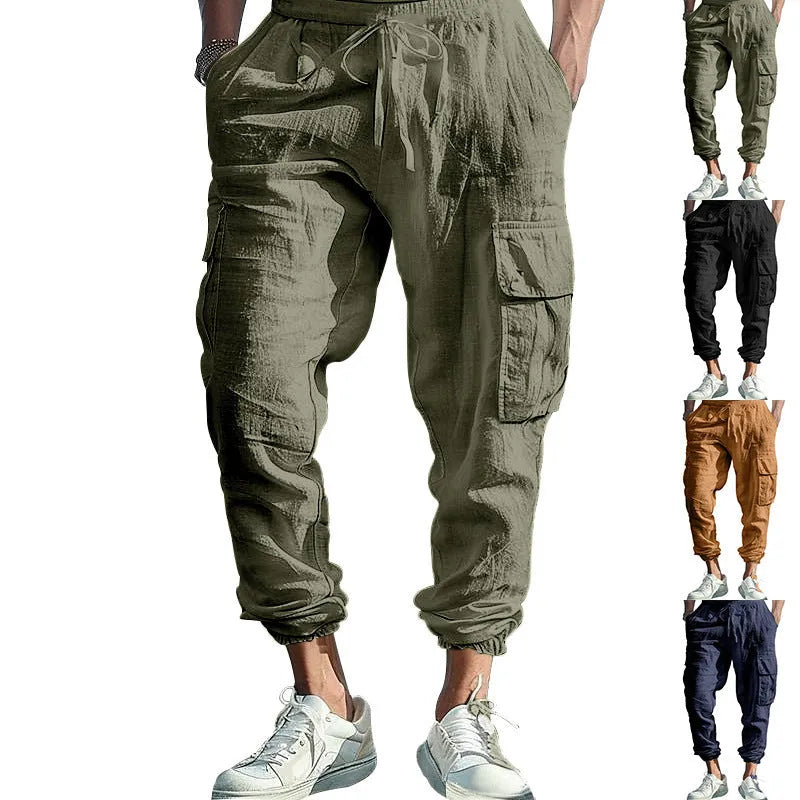 Men's solid colour linen casual trousers with ankle-tied cuffs, multiple pockets, and a drawstring waist