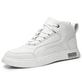 Men's white mid-top casual shoes with round toe, rubber sole, and front lace-up design on a plain background