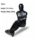 Black patent leather all-inclusive nostril clothing set with six ratchet tie down straps for BDSM restraint