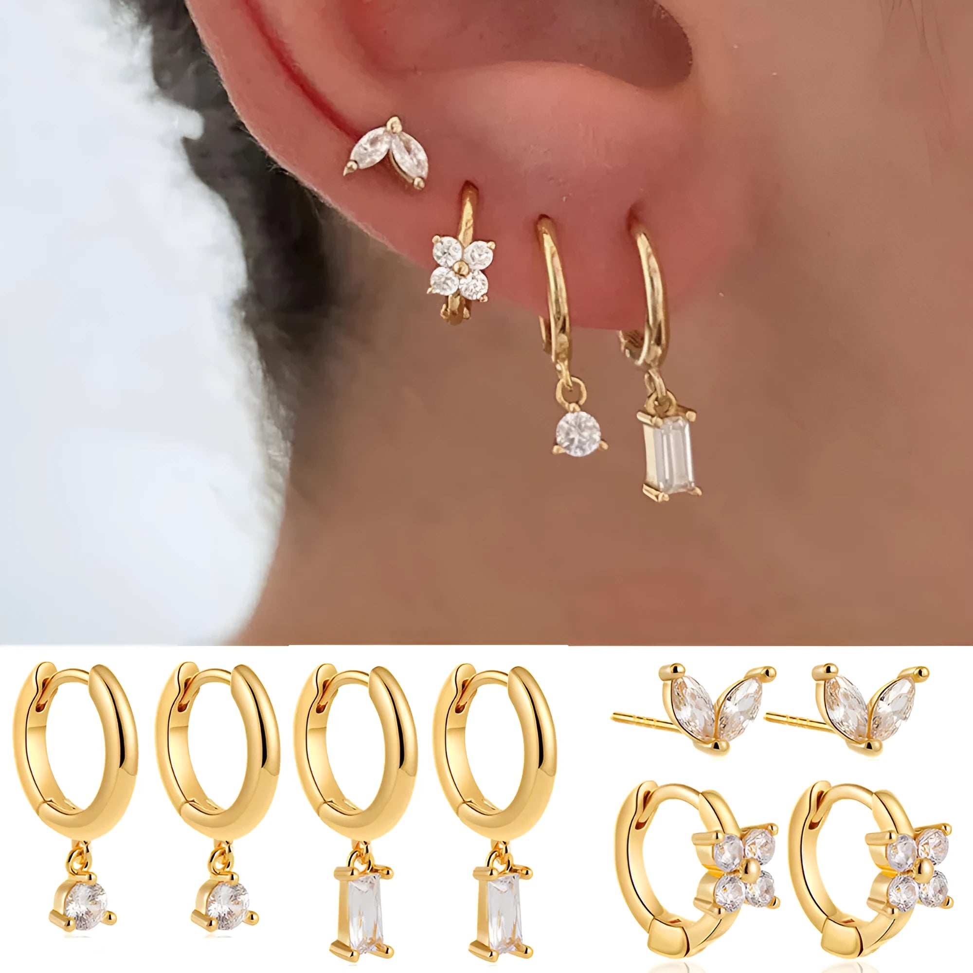 Copper geometric square earrings with electroplated gold or silver finishes showing star and geometric shapes
