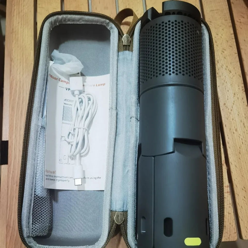 Portable camping LED lantern in off-white and dark grey colours with battery power and button switch