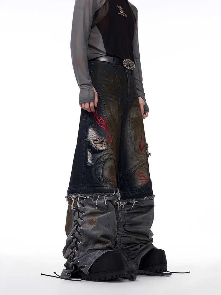 Men's retro jeans with detachable legs showing mid-high waist and loose fit wide-leg design