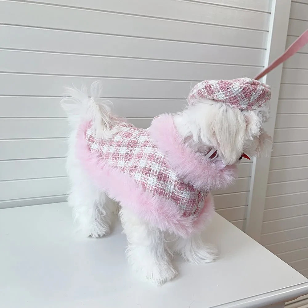 Pink cat clothing set with beret and cape for pet costume wear