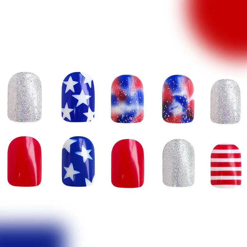False nail set with American flag and five-pointed star Independence Day design in three colour combinations