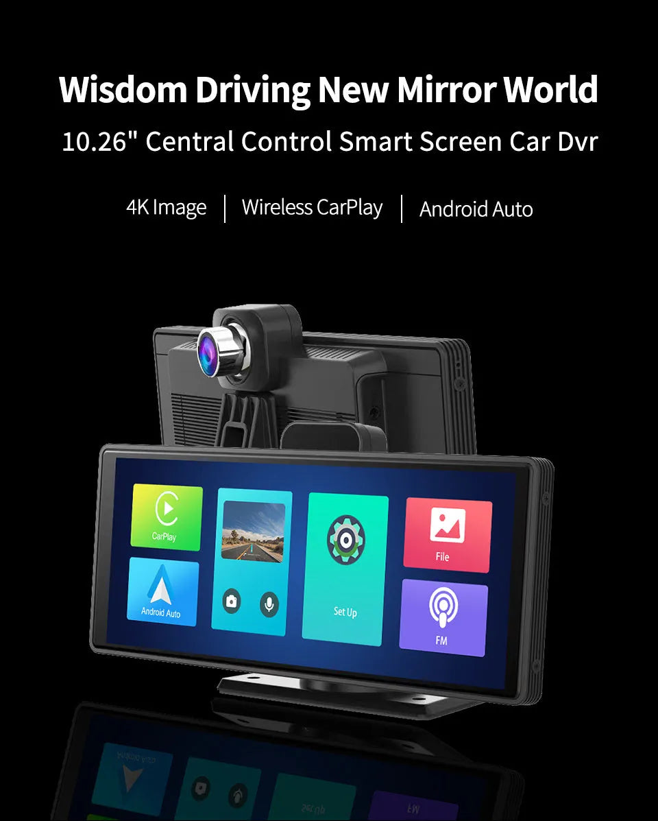 12-inch touch screen car dash cam unit for front and rear recording with wireless CarPlay.