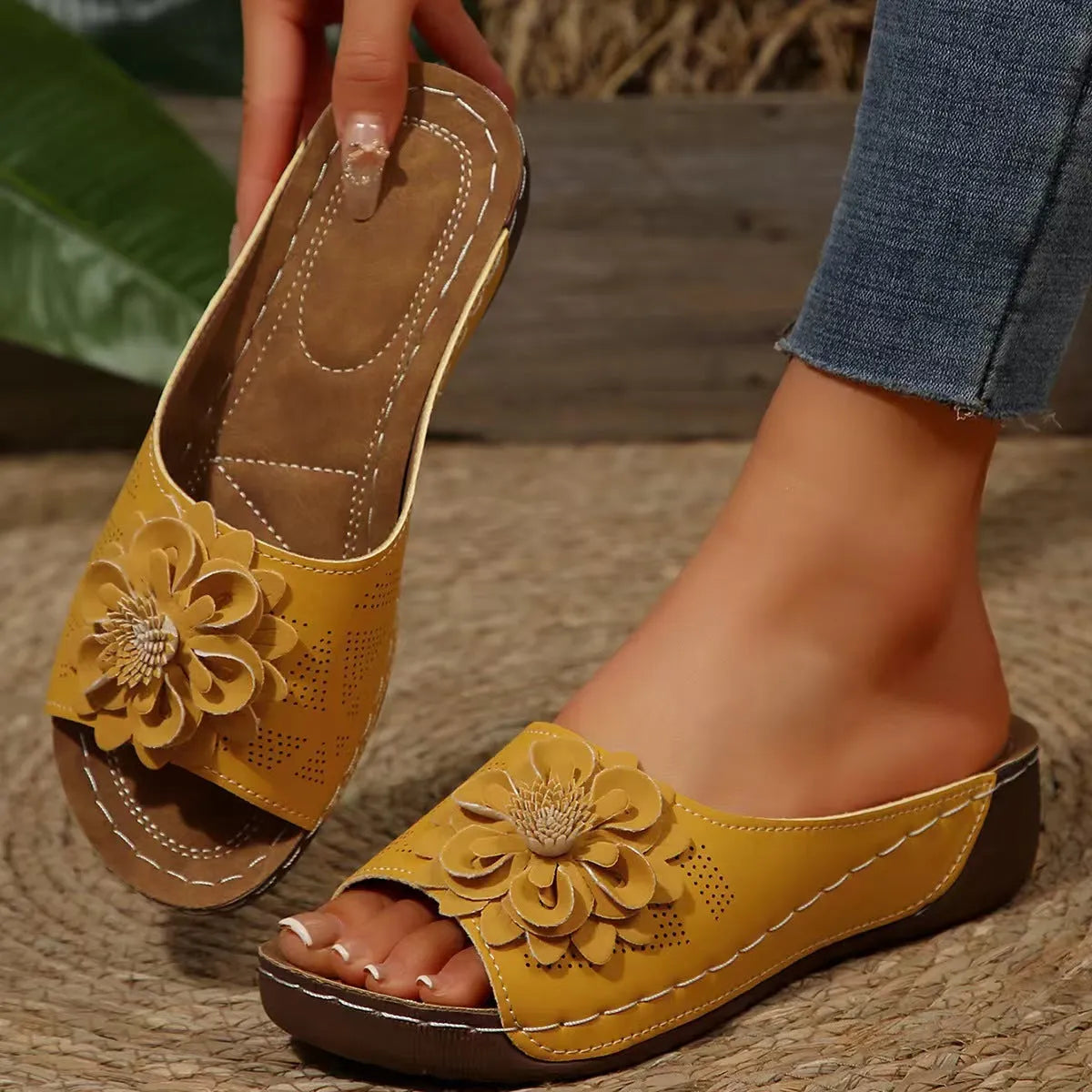 Women's dark brown thick sole peep-toe slippers with fish mouth PVC upper and rubber bottom