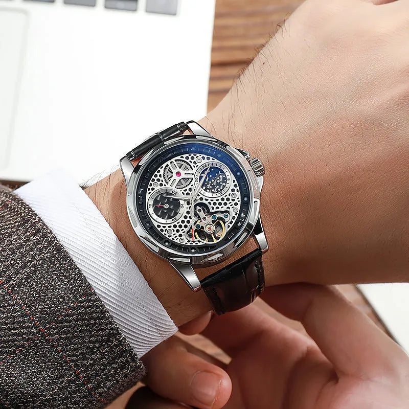 Men's automatic watch with luminous hands in steel case with leather strap option