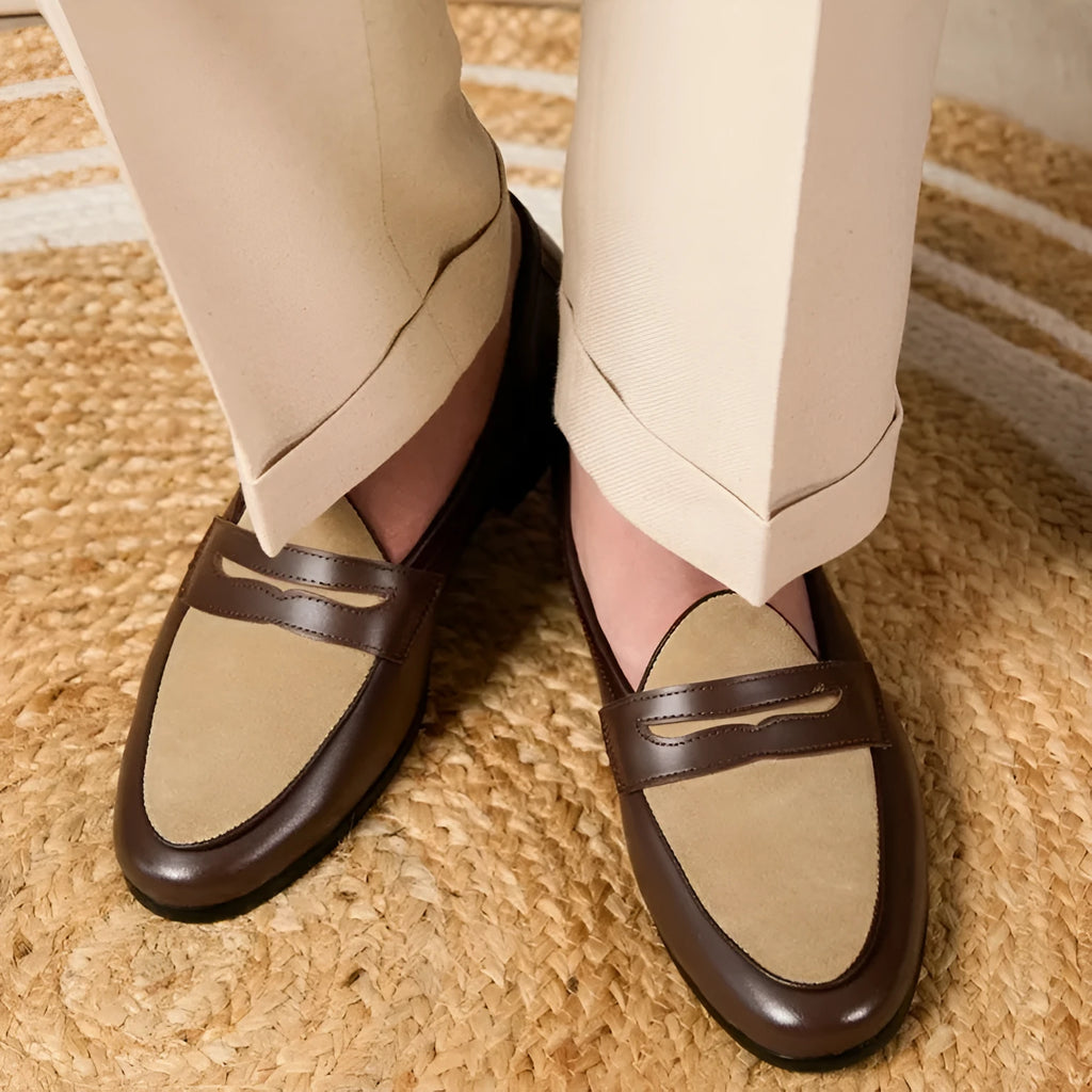Coffee grey high-gloss suede slip-on loafers with a rubber sole, shown on a neutral background.