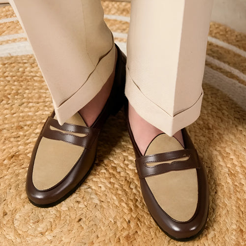 Coffee grey high-gloss suede slip-on loafers with a rubber sole, shown on a neutral background.