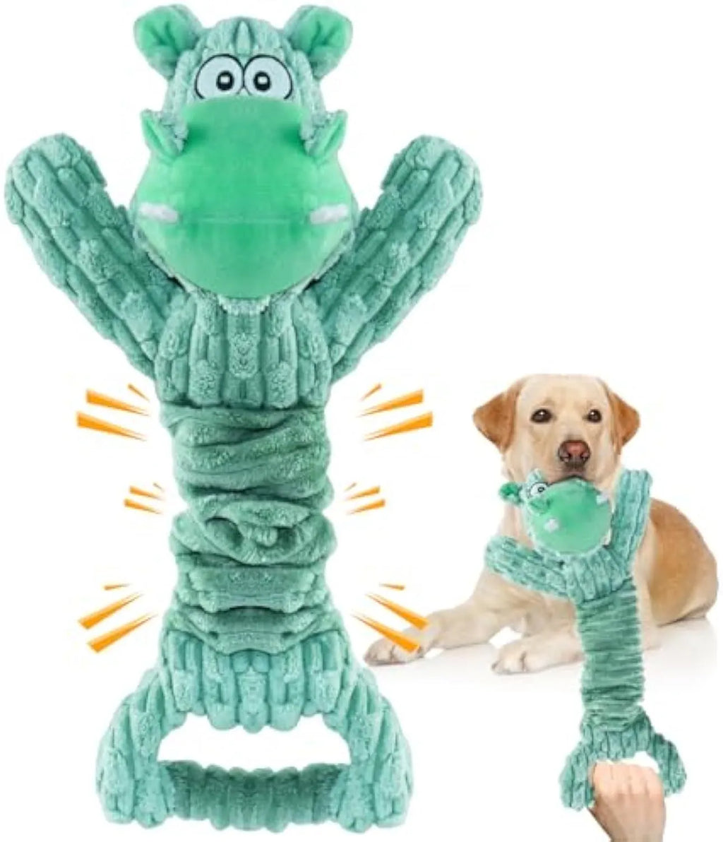Large blue Hippo-shaped plush dog toy with a handle, shown next to a brown Monkey version.