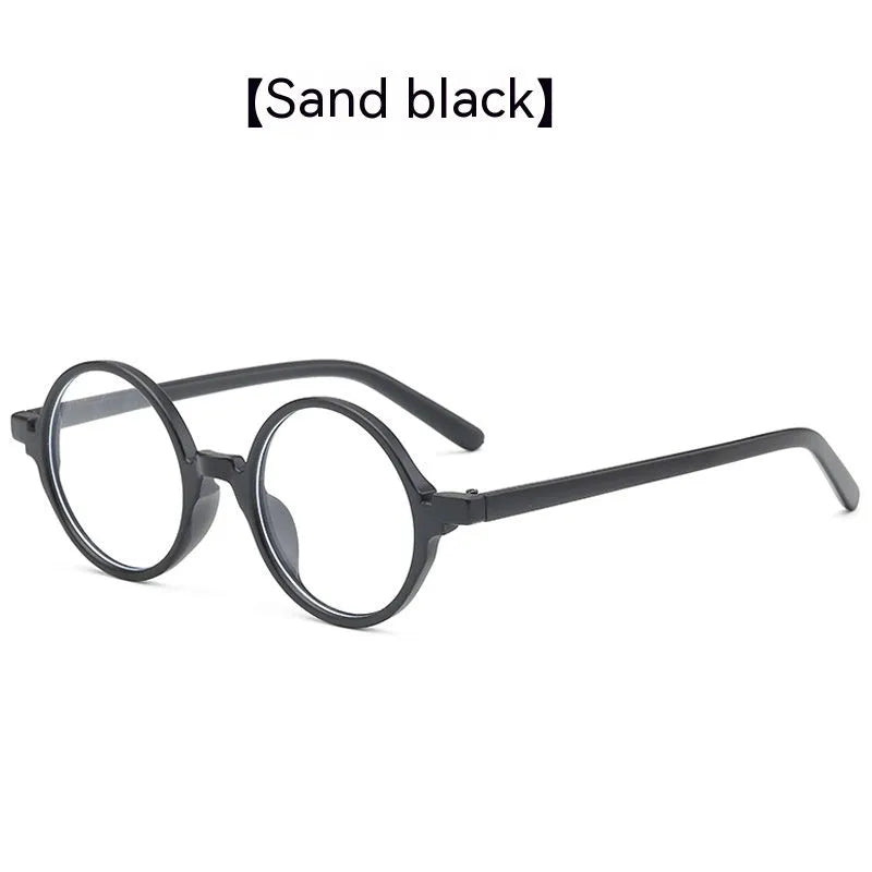 Artistic retro round fashion glasses with a PC frame shown in bright black, sand black, tofu pudding, and transparent grey colours.