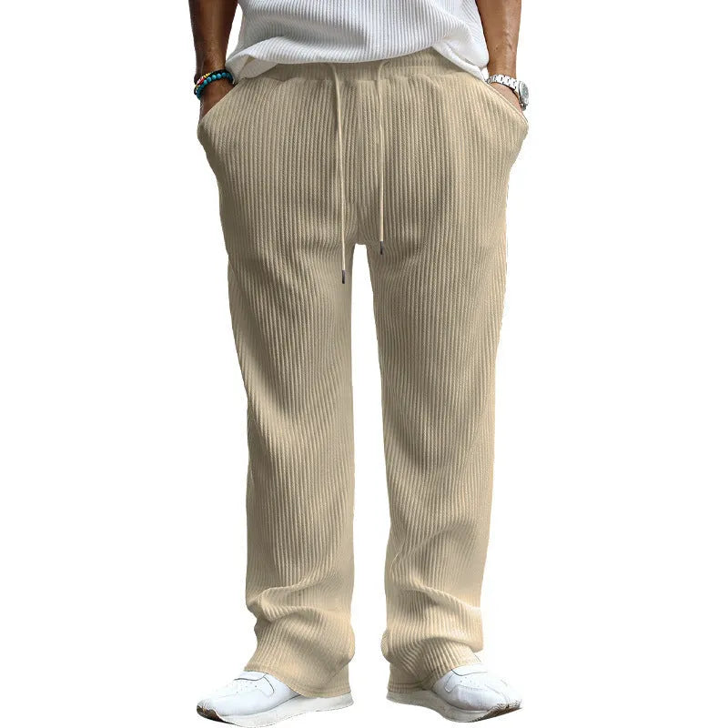Men's casual loose straight trousers in army green with high waist and striped pattern