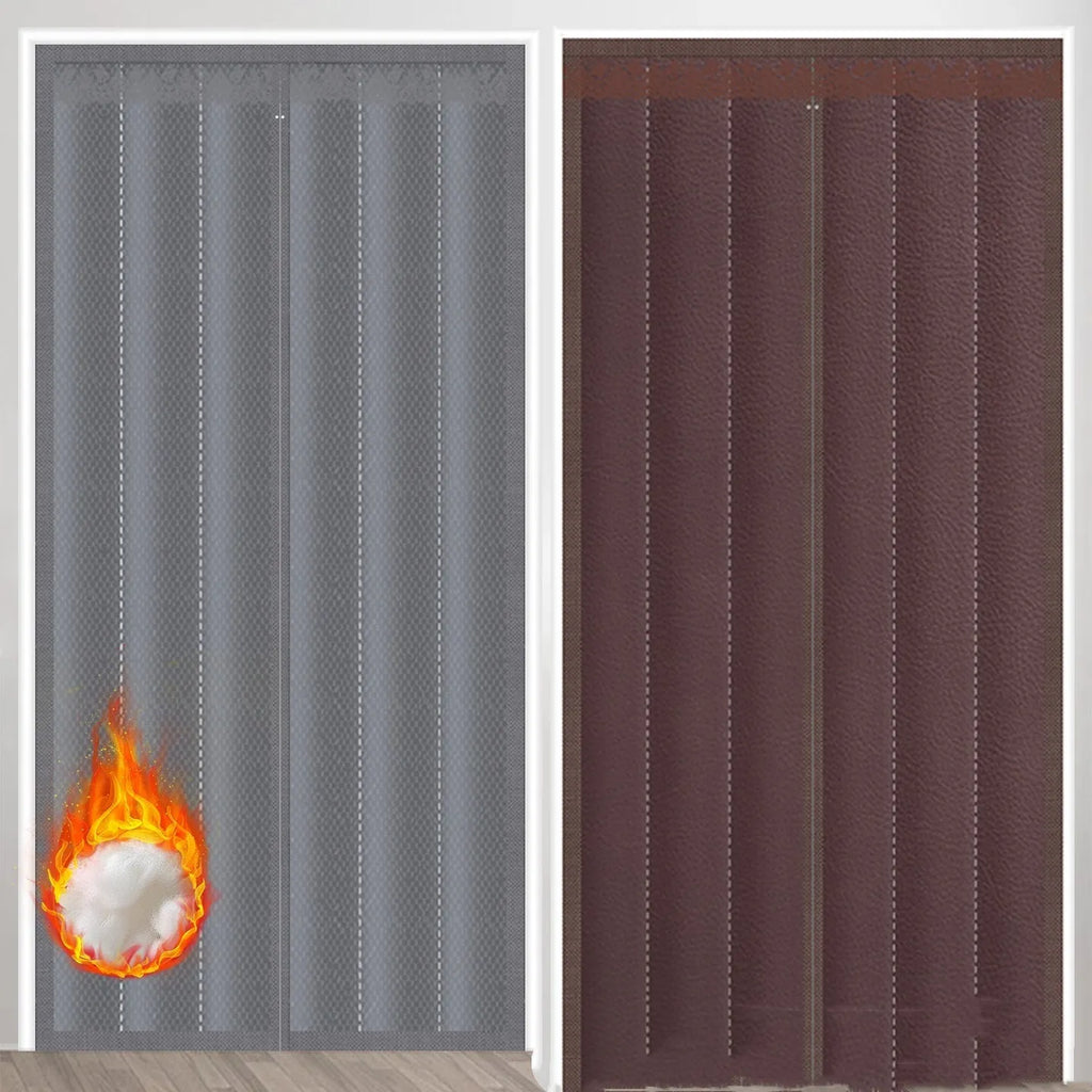 Full seam long magnetic strip cotton door curtain in New Chinese style hanging in a doorway.