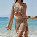 Khaki women's sun protection clothing set with bell sleeve top and skirt on a hanger.