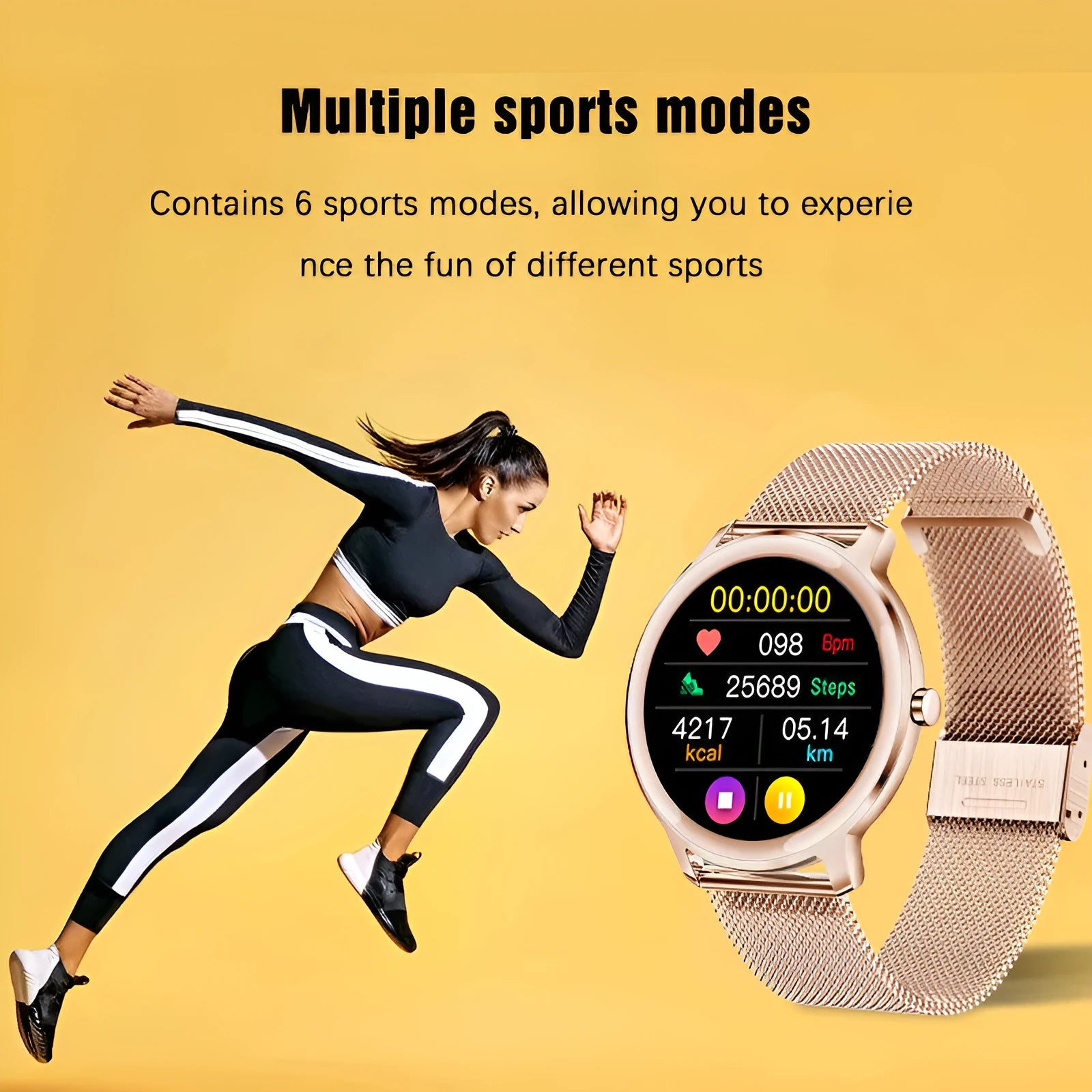 Women's stainless steel smart watch with 1.3 inch TFT screen and mesh belt in rose or silver
