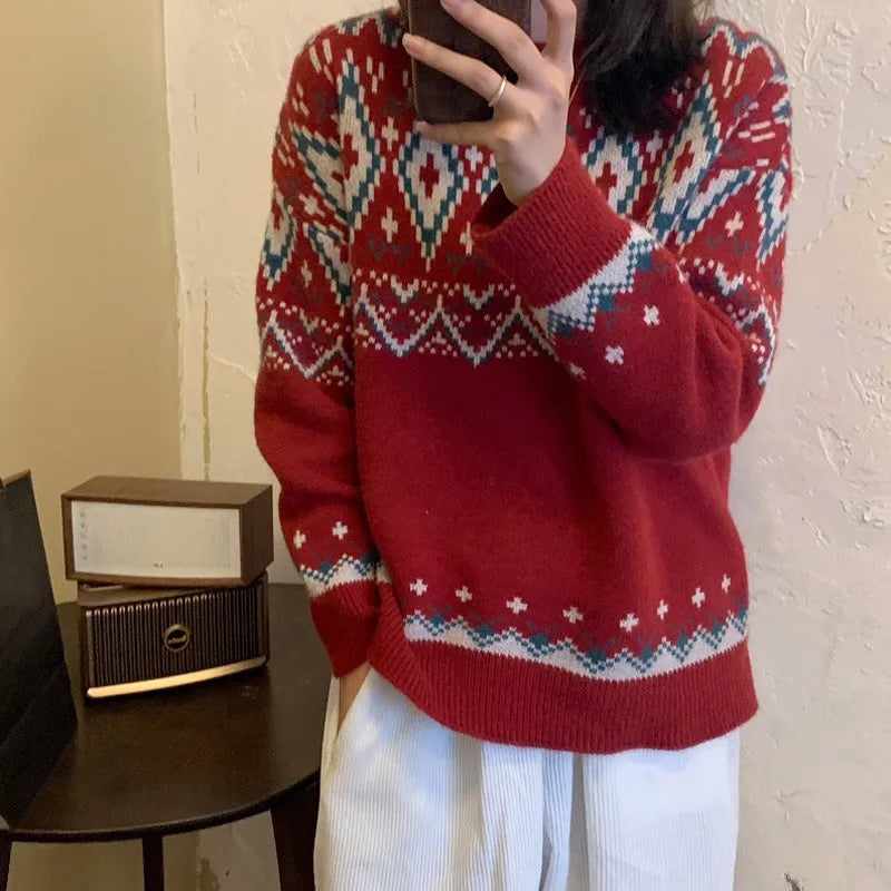 Retro striped pullover knitted top with loose fit and long sleeves