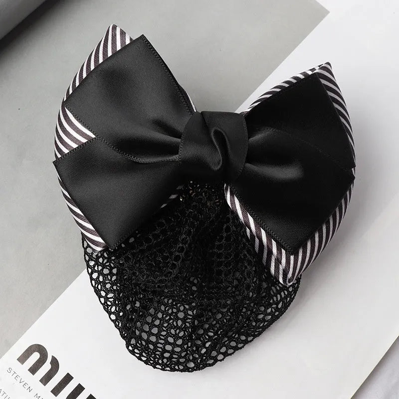 Professional waitress hair net with double bow clip in various colours including black, red, and blue mesh
