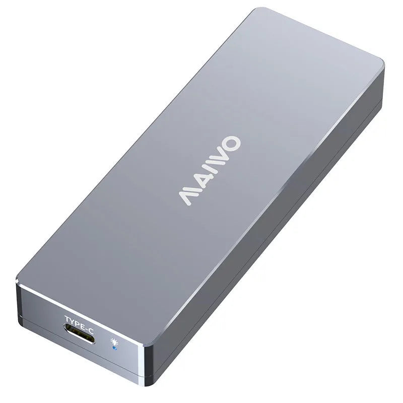 Silver M.2 SATA SSD external hard drive enclosure with Type-C port, screwdriver, screws, heat pad, and cable.