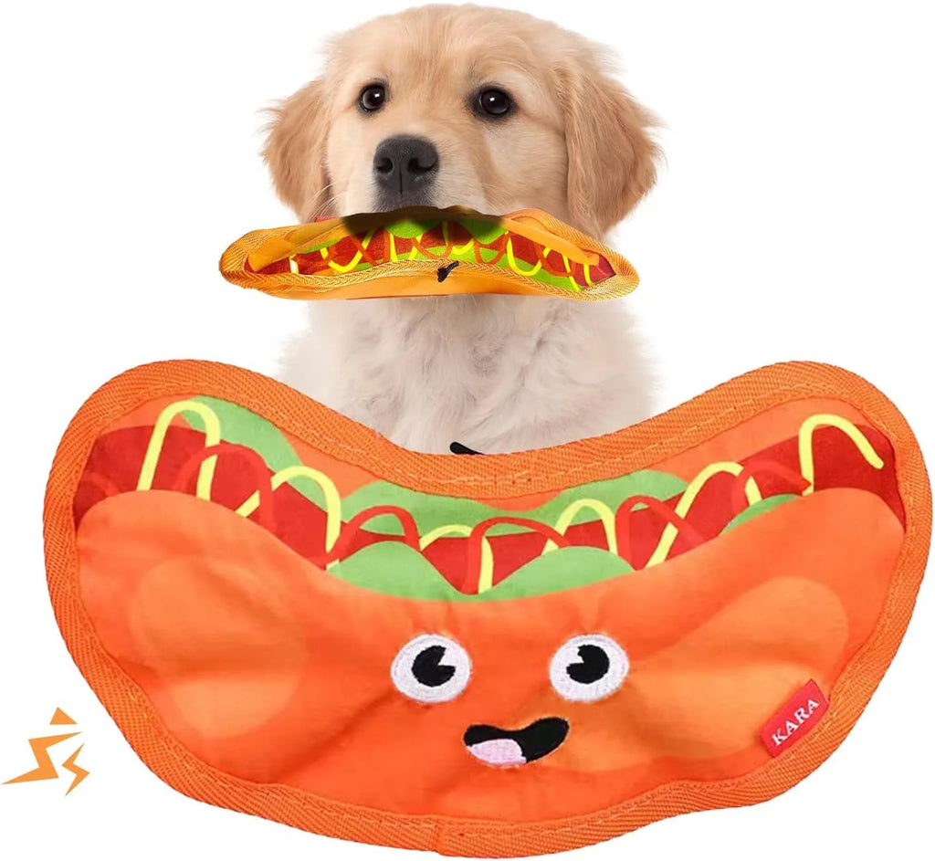 Crinkle and squeaky dog toy in hamburger, fries, hot dog, and pizza shapes.