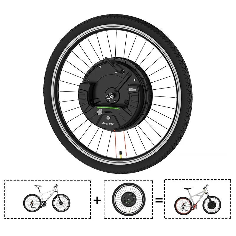 Yunzhilun electric bike conversion kit showing alloy hub motor wheel, lithium battery pack, and charger for 26-inch bicycles.