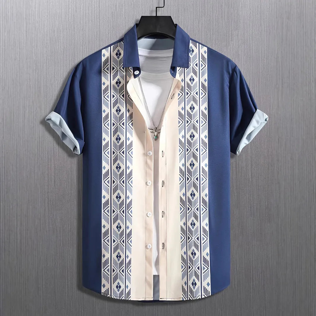 Men's loose plaid short-sleeve shirt with lapel collar on a hanger