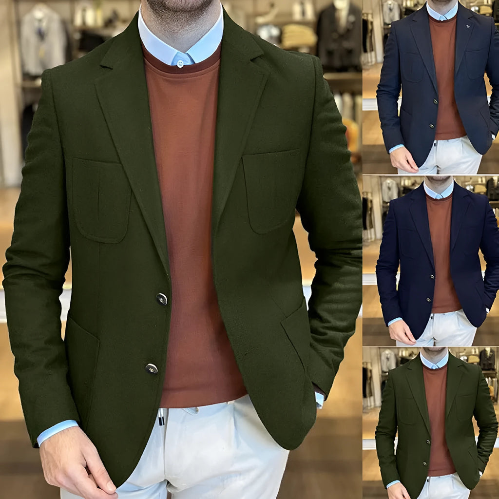 Men's loose-fit cotton retro suit jacket in army green on a hanger