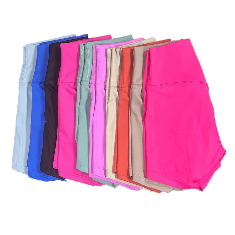 Women's high-waisted nylon yoga shorts in various colours suitable for running, sports, and cycling