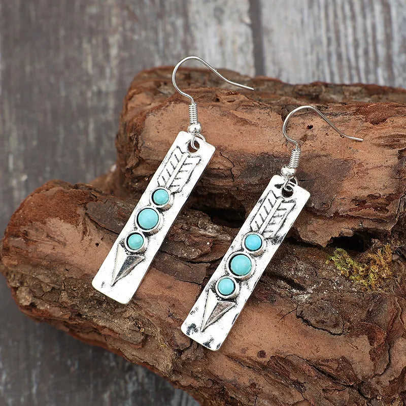 Silver geometric earrings with blue turquoise inlay, retro style zinc alloy women's jewellery