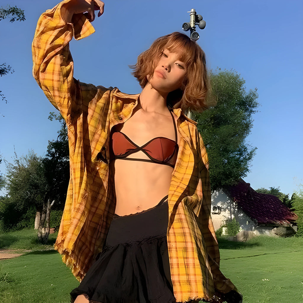 Dopamine yellow plaid shirt with loose-fit cardigan design in polyester blend fabric