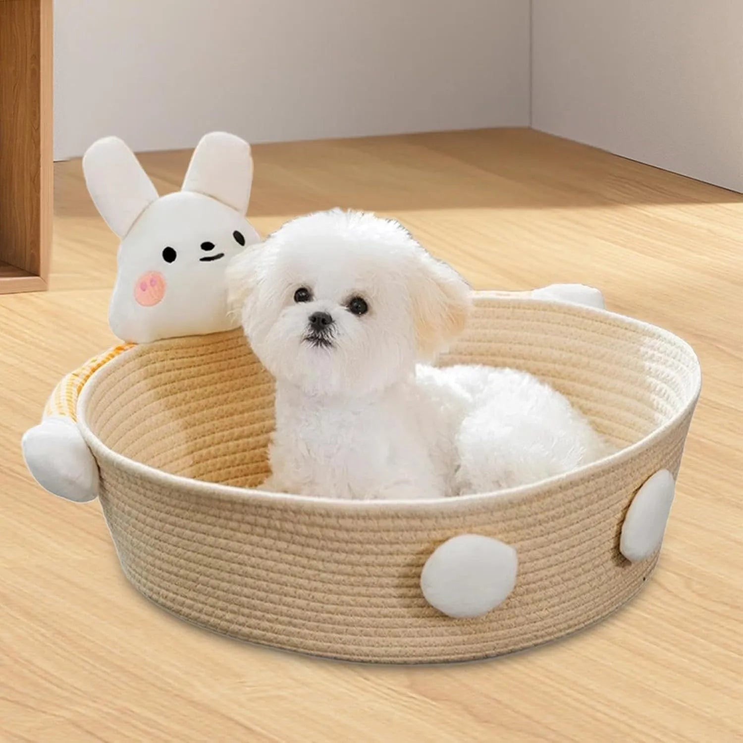 Woven cotton rope pet basket functioning as a cat bed, scratcher, and storage container in a natural colour.