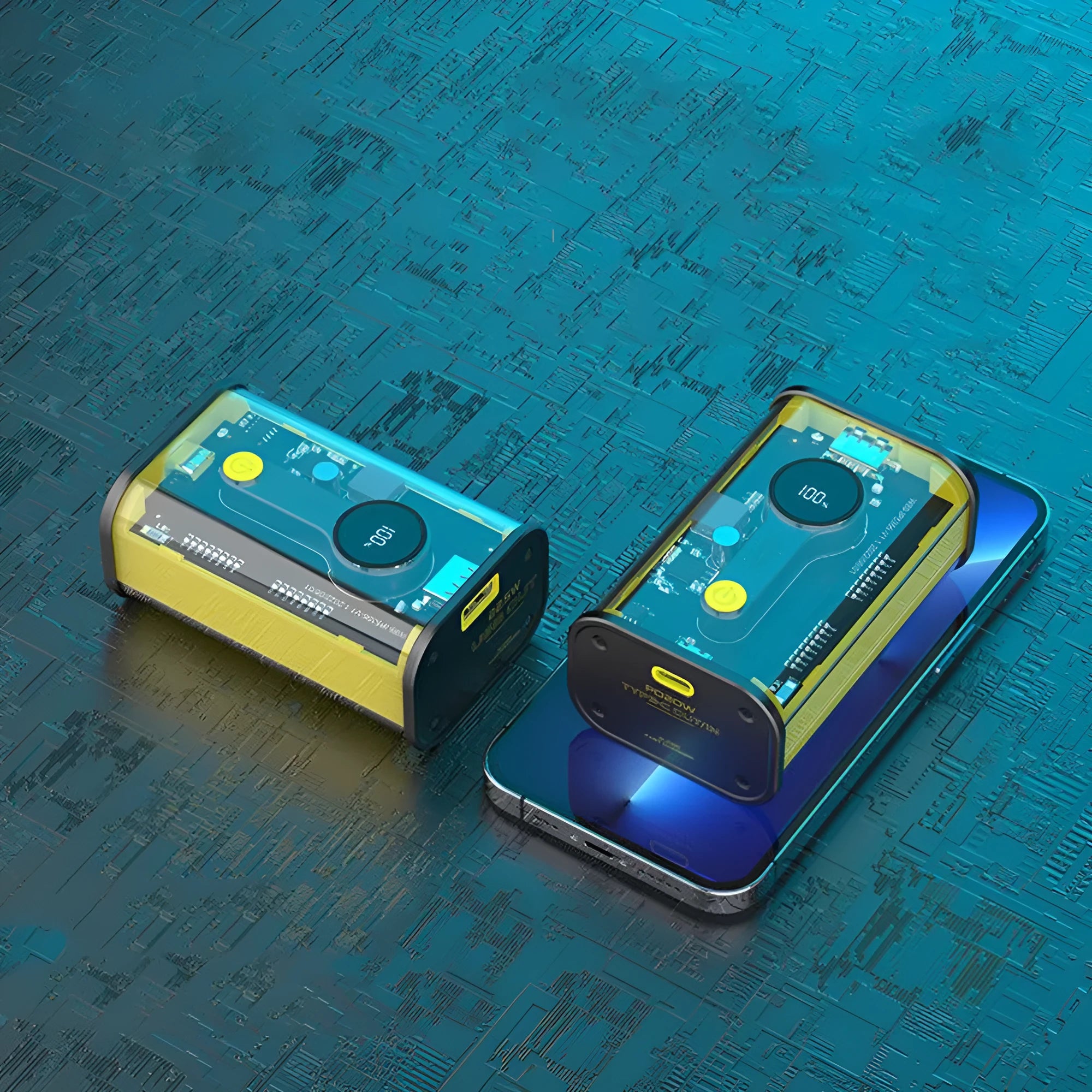 Transparent yellow power bank showing internal aluminum battery case with 10000mAh capacity