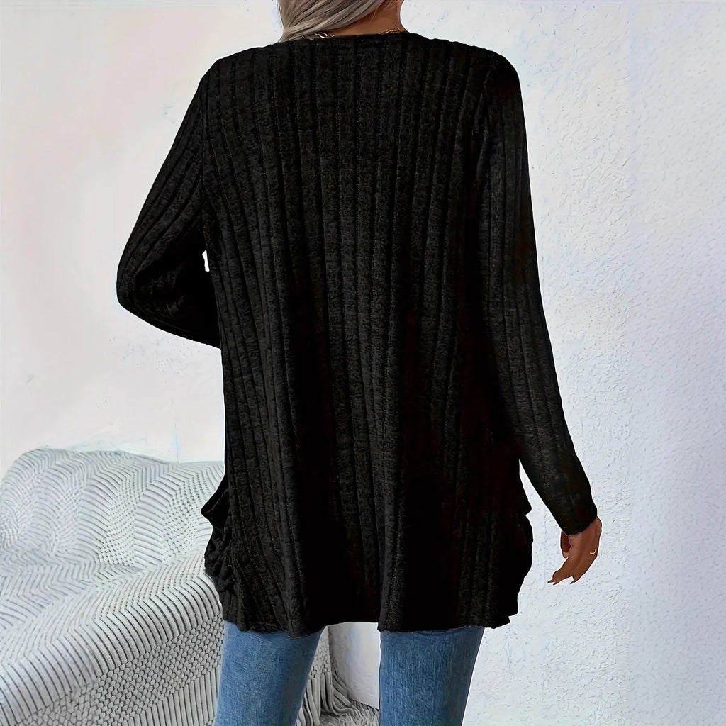 Solid color long sleeve cardigan knitwear with pockets in Grandma Grey or Black polyester blend loose fit