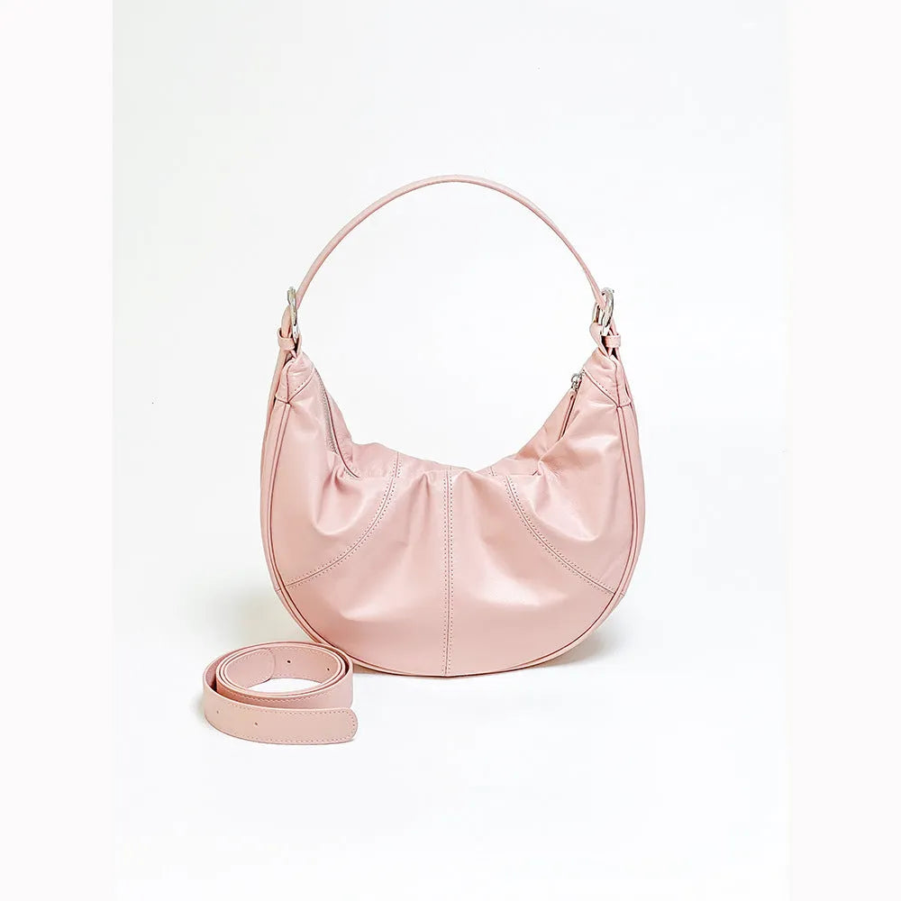 Women's dumpling-shaped shoulder bag in first layer cowhide leather with double shoulder straps