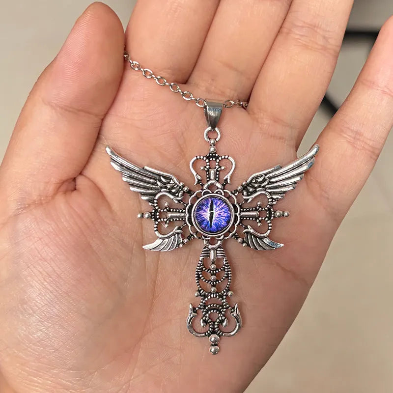 Geometric devil wings cross pendant necklace in alloy with blue, green, purple, red and yellow colour options