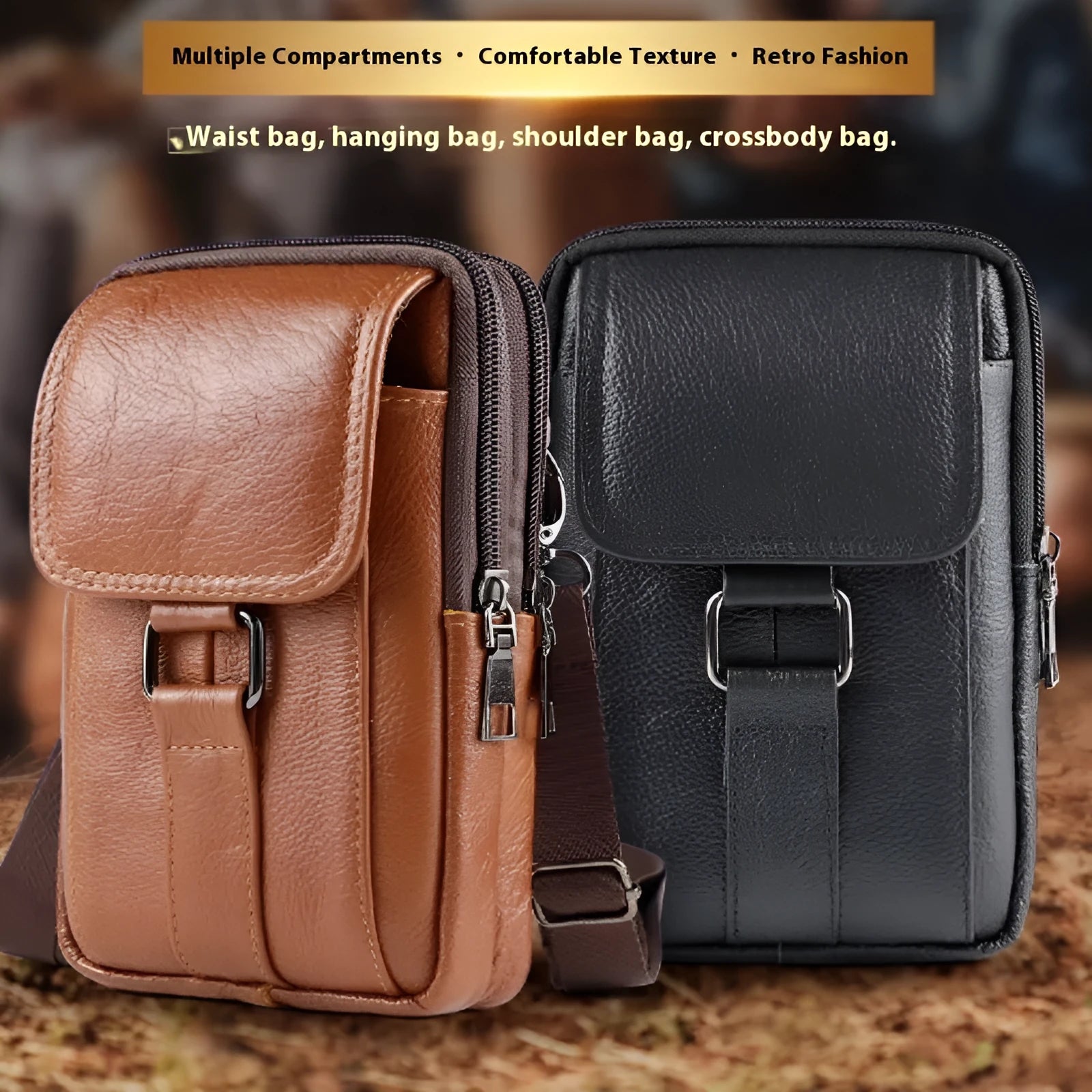 Men's black composite cowhide leather waist crossbody bag with lock fastener and coin pocket