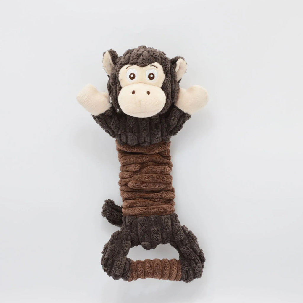 Large blue Hippo-shaped plush dog toy with a handle, shown next to a brown Monkey version.