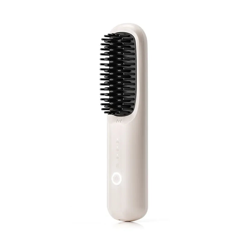 Wireless anion straight comb in beige, black, pink, or purple colours with USB-C charging port.